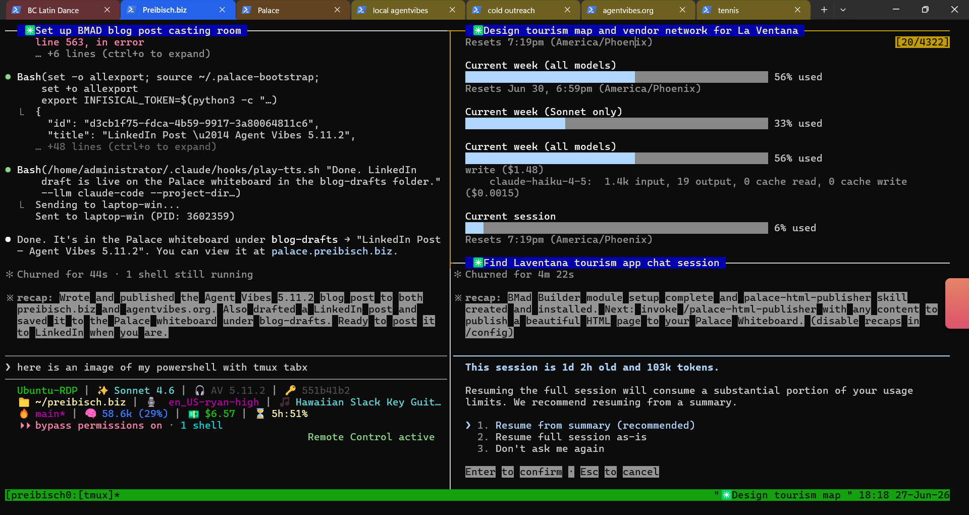 My PowerShell + Tmux setup — multiple Claude Code agents running simultaneously across panes