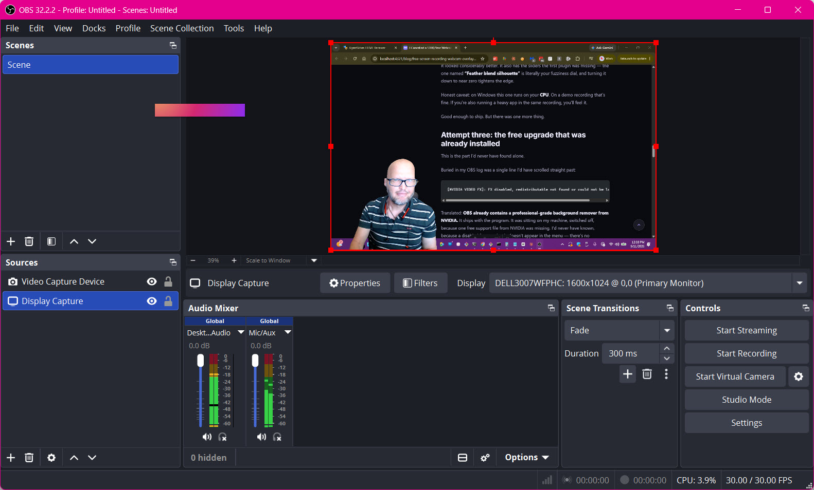 OBS Studio showing a screen recording with a webcam overlay — the Sources panel lists two layers, Video Capture Device and Display Capture, and the preview shows a cleanly cut-out person with no background box floating over a browser window, CPU usage 3.9%